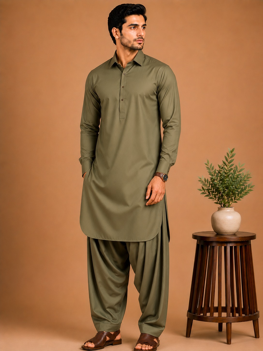 olive green (3) Kasturi Wash Wear Premium Fabric | Olive Green - Image 1